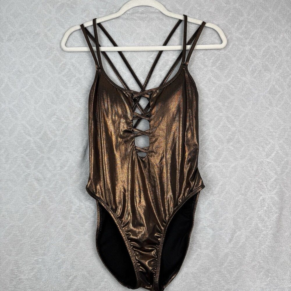 Bikini Lab One Piece Swimsuit Medium Bronze Metallic Strappy Cut Out Cheeky Sexy